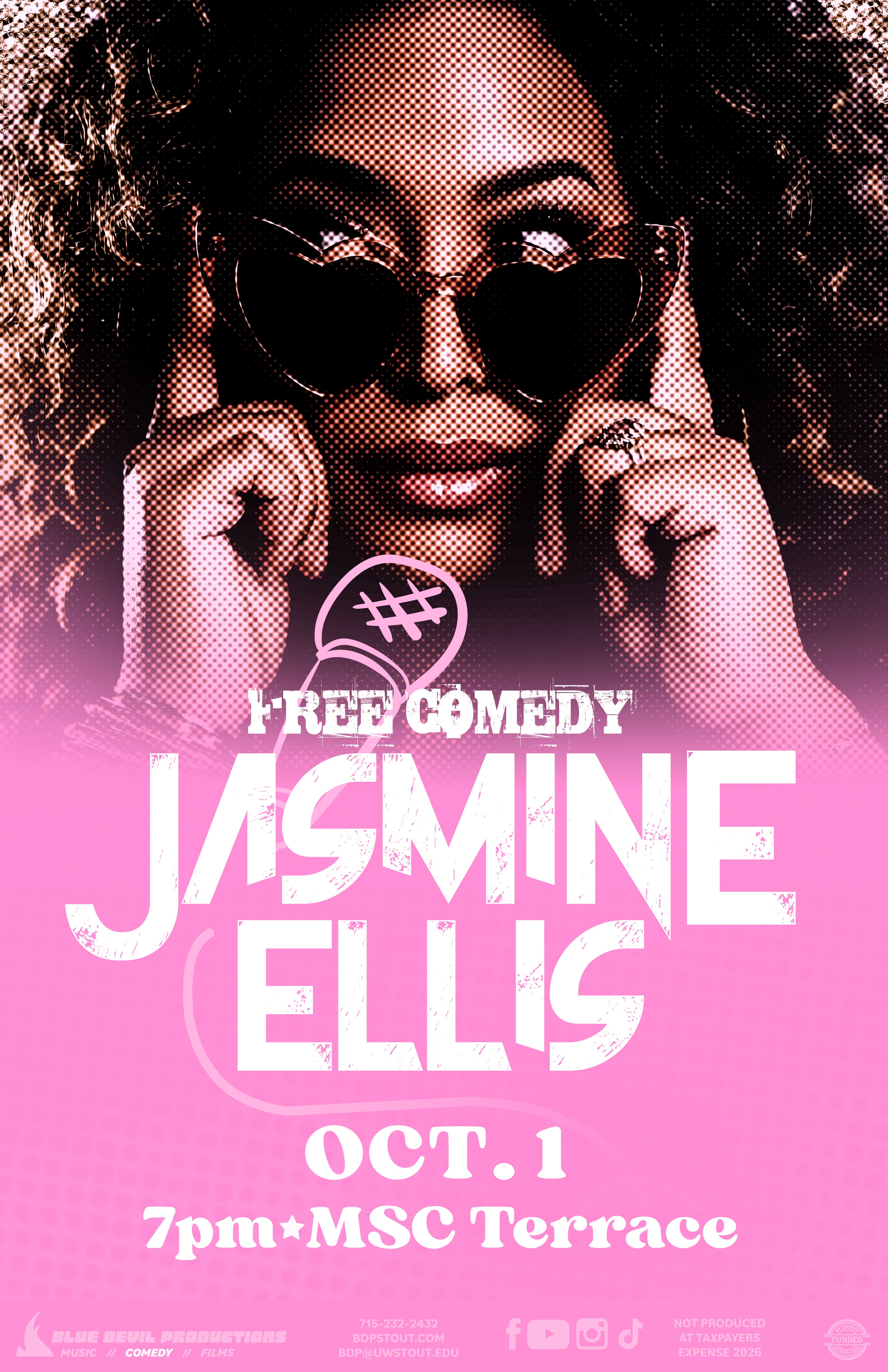 Poster for BDP COMEDY: Jasmine Ellis. White text stating "Free Comedy" and "Jasmine Ellis" on a pink background. The event is on October 1st 2026 starting at 7PM in the MSC Terrace. 